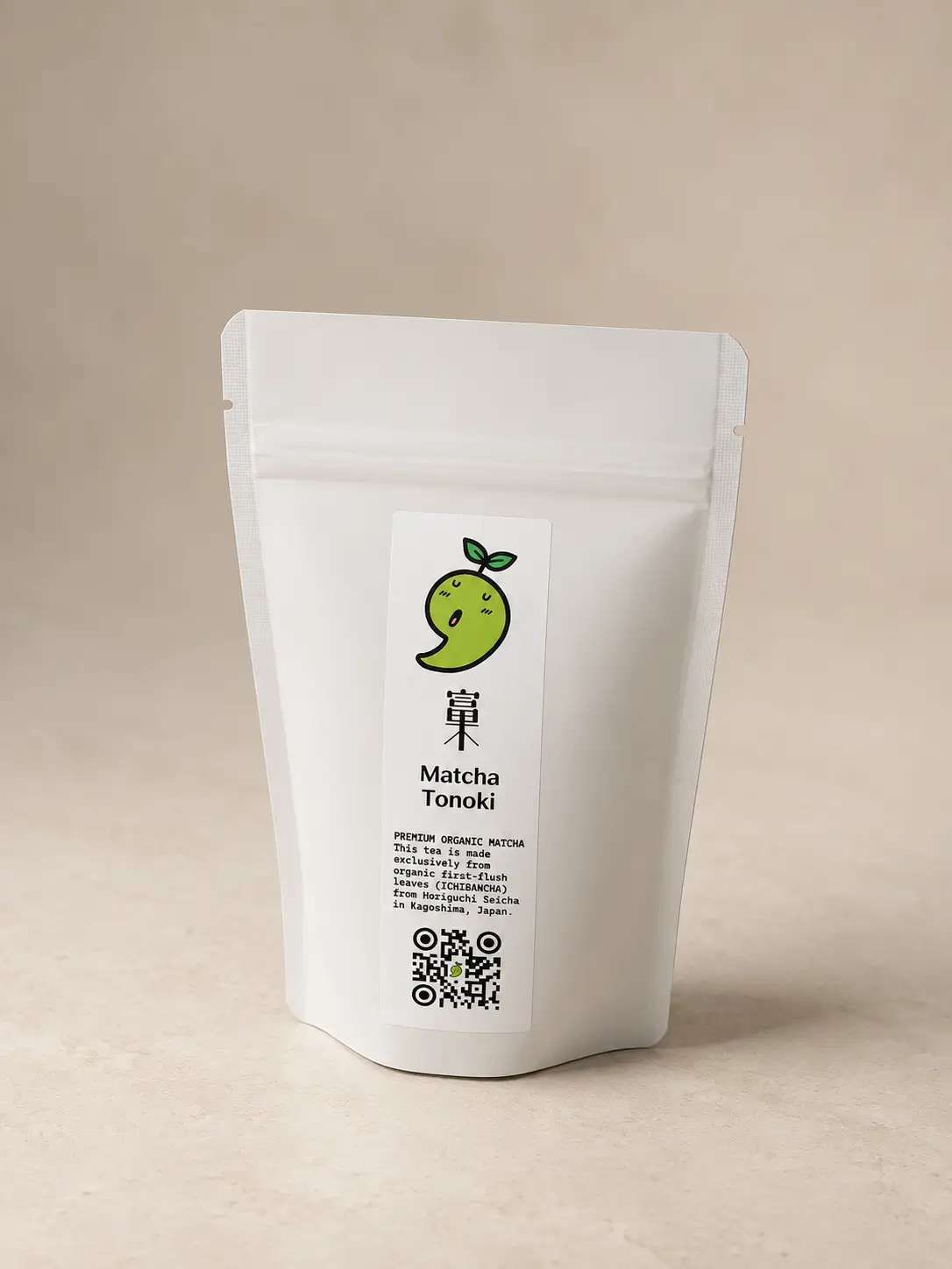 The standing Matcha Tonoki pouch, thirty grams, hermetically sealed