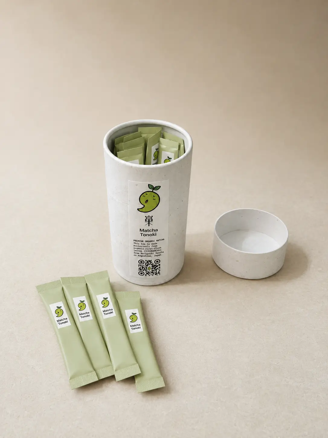 An open Matcha Tonoki tube with four 2 gram sachets laid beside it