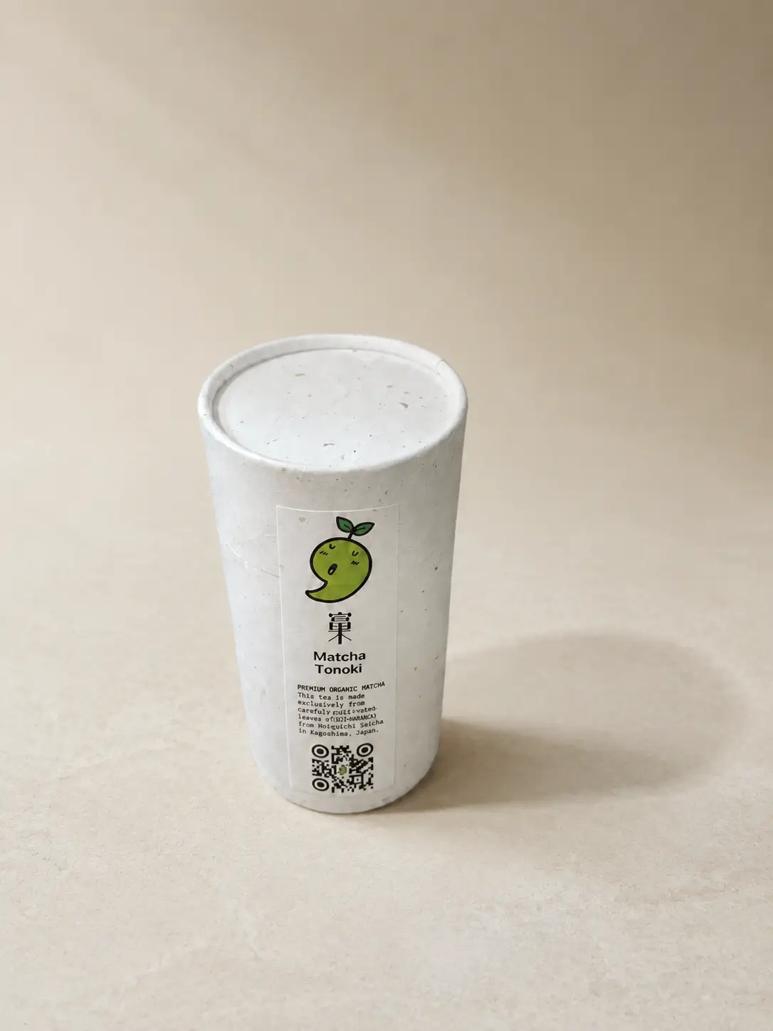 The closed Matcha Tonoki paper tube, labelled and sealed